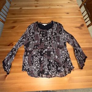 Coldwater Creek Black Floral LS Chiffon Lined Button Up Boho Shirt Size PL Lace